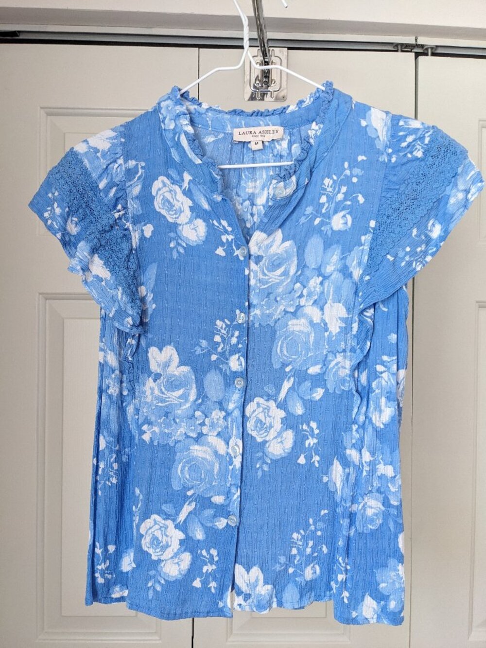 Laura Ashley blue and white floral rayon blouse, M
